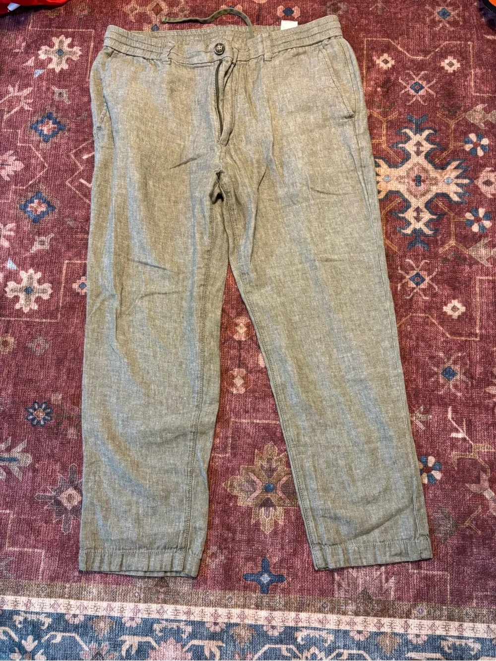 Banana Republic Linen Pants Mens 34x27 Athletic Olive Green  Tapered Drawstring